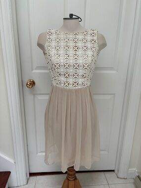 Lela Rose Cream Lace Bodice with Beige Chiffon Midi Dress